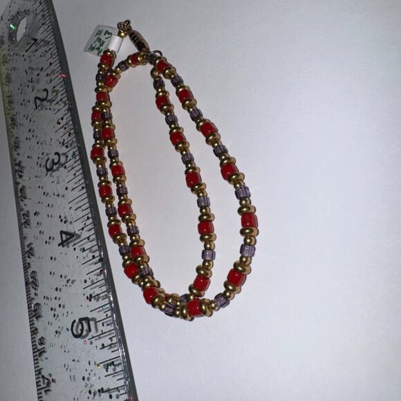 14" Long Red, Purple, and Gold Beaded Necklace - Picture 8 of 12